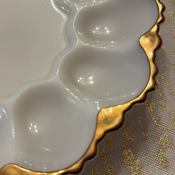 Vintage Milk Glass 12 Deviled Egg Plate Gold Trim Ornate 10" - Picture 8 of 8